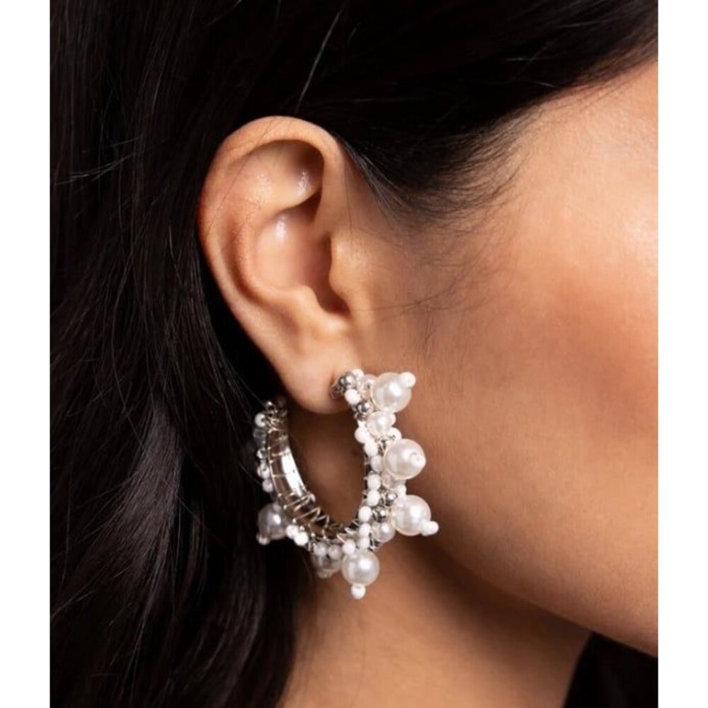 Paparazzi Elite Expense Pearl Silver Balls Hoop Earrings Silver-Tone Pierce New